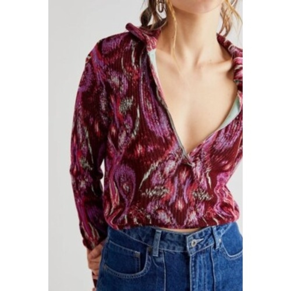 Free People Cherie Printed Top Women's Small Wine Velvet Boho Deep V Long Sleeve - Picture 1 of 7